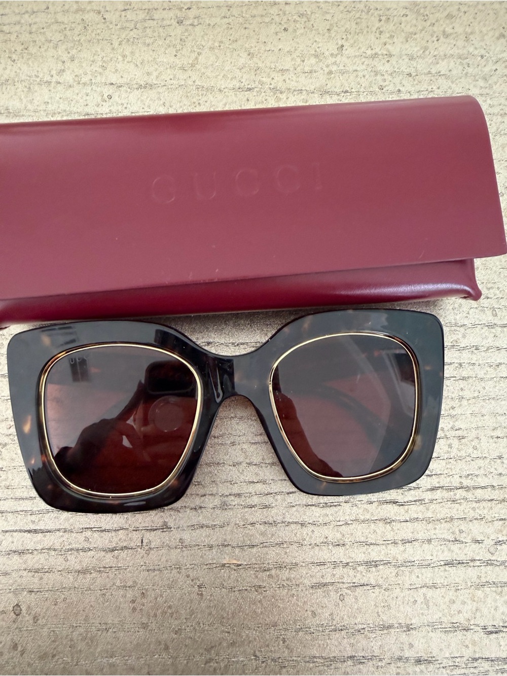 Gucci Women's Black Square Sunglasses with Brown Lenses and Gold Accent